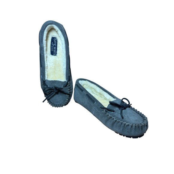 Sperry‎ Women’s Sz 9 Suede Moccasin Slippers Gray Faux Fur Lined - Picture 1 of 10